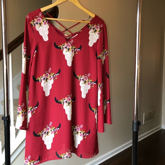 Altar’d State Dark Red Bull Head Shift Dress Sz S - Picture 2 of 6